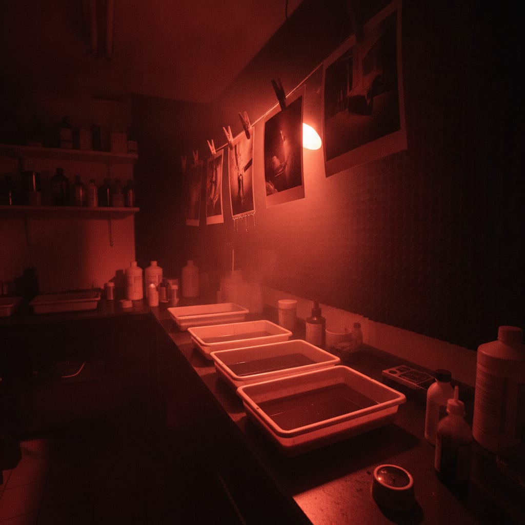 Chambre noire de laboratoire photographique, tirages suspendus sous une lumière rouge
